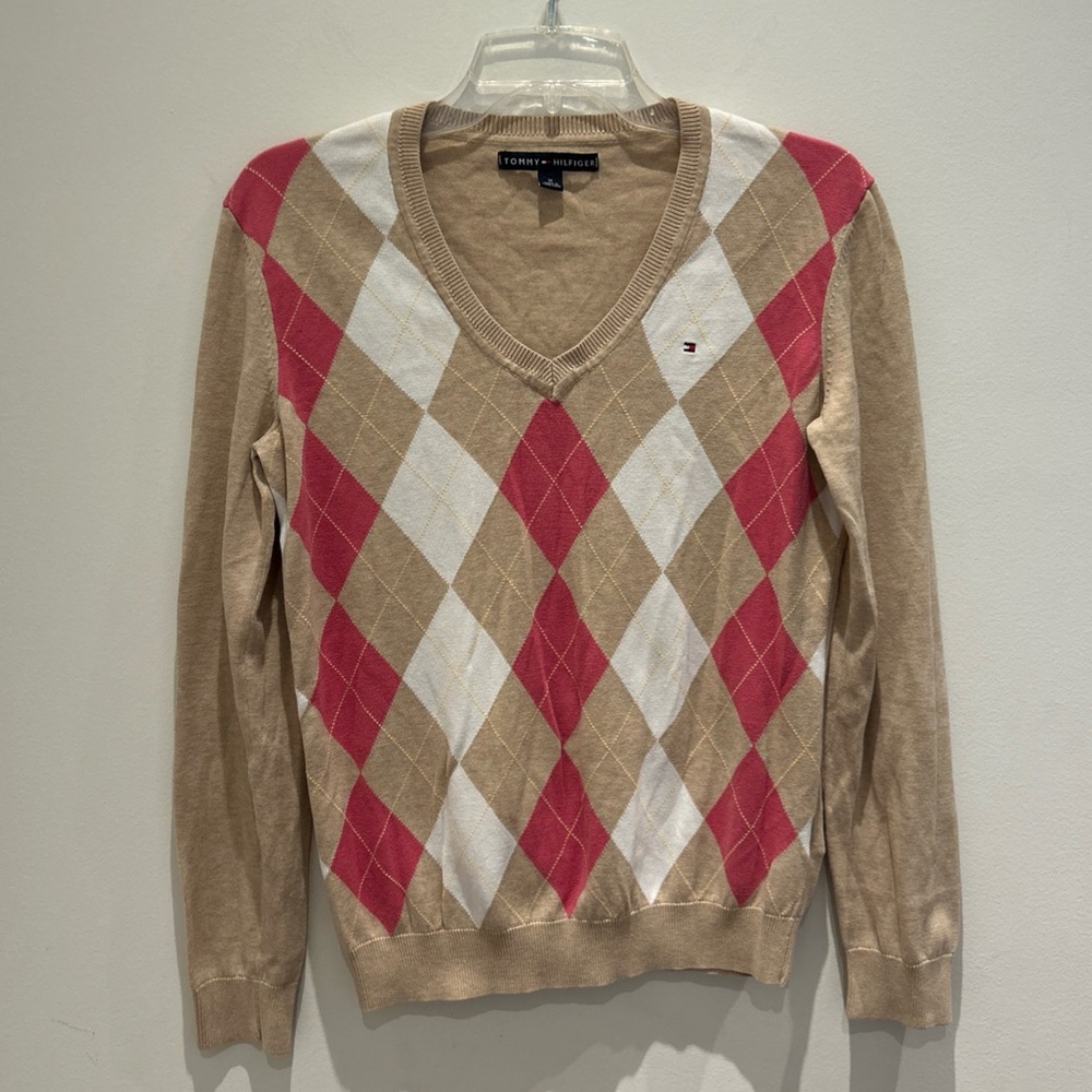 Tommy Hilfiger Women's V-Neck Argyle Sweater - Beige, White, Red